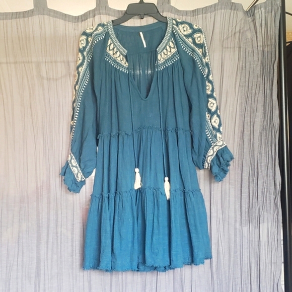 NWOT, Beautifully embroidered, turquoise free people tunic/dress. - Picture 5 of 11